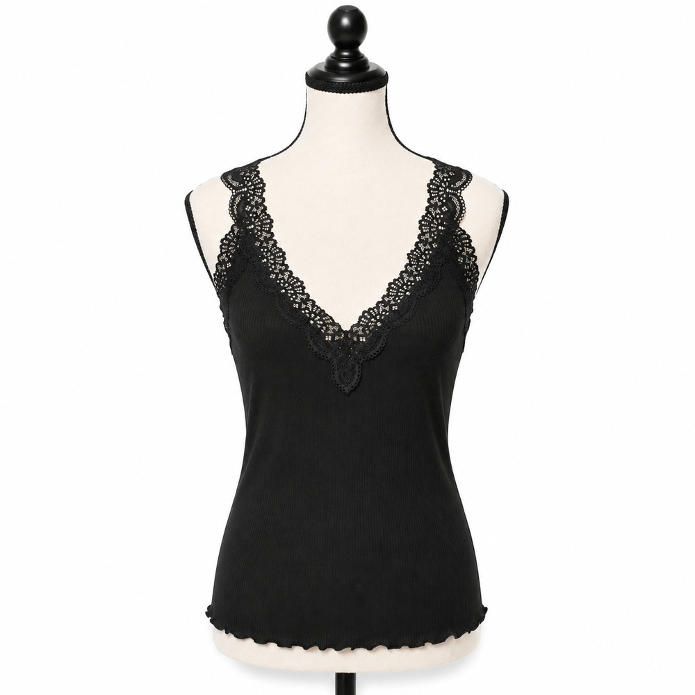 Madewell Lace Trim Ribbed V-Neck Tank Top Womens Medium Black Fairy Grunge NWT